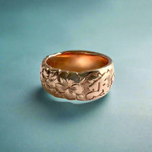 Load image into Gallery viewer, Scalloped Plumeria with Leaves 8mm Raised &quot;Kuuipo&quot; Ring in 14K Pink Gold in size 6

