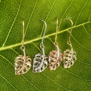 Monstera Leaf Dangle Earrings in 14K Yellow, White, Pink or Green Gold