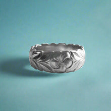 Load image into Gallery viewer, Scalloped Shiny Maile with Hibiscus &amp; Plumeria 8mm Hawaiian Ring in 14K White Gold in size 8 1/2
