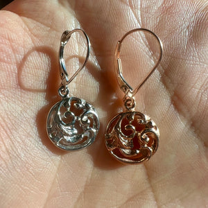 Round Filigree Lever Back Dangle Earrings in 14K Yellow, White or Pink Gold