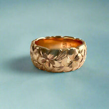 Load image into Gallery viewer, Scalloped Plumeria &amp; Hibiscus with Leaves 8mm Hawaiian Ring in 14K Pink Gold in size 7
