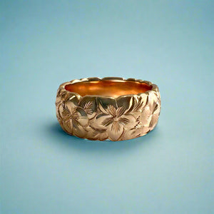 Scalloped Plumeria & Hibiscus with Leaves 8mm Hawaiian Ring in 14K Pink Gold in size 7