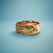 Load image into Gallery viewer, Scalloped Plumeria with Leaves 8mm Hawaiian Ring in 14K Pink Gold in size 8
