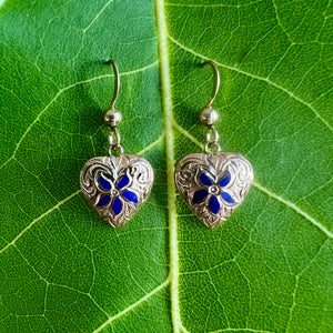 Hawaiian Puanani Heart Earrings in 14K Gold with Cobalt Blue, Yellow or Spruce Green Enamel Flower