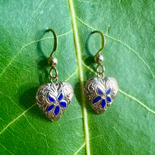 Load image into Gallery viewer, Hawaiian Puanani Heart Earrings in 14K Gold with Cobalt Blue, Yellow or Spruce Green Enamel Flower
