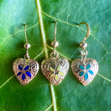 Load image into Gallery viewer, Hawaiian Puanani Heart Earrings in 14K Gold with Cobalt Blue, Yellow or Spruce Green Enamel Flower
