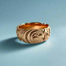 Load image into Gallery viewer, Scalloped Old English &amp; Hibiscus 8mm Hawaiian Ring in 14K Pink Gold in size 7 1/4
