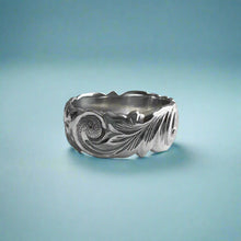 Load image into Gallery viewer, Scalloped Old English &amp; Plumeria with Leaves 8mm Ring in 14K White Gold in size 7 1/4
