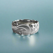Load image into Gallery viewer, Scalloped Old English &amp; Plumeria with Leaves 8mm Ring in 14K White Gold in size 8 3/8
