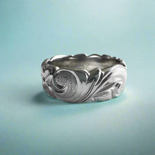 Load image into Gallery viewer, Scalloped Old English &amp; Plumeria with Leaves 8mm Ring in 14K White Gold in size 8 3/8
