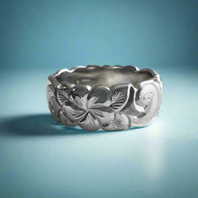 Load image into Gallery viewer, Scalloped Old English &amp; Plumeria with Leaves 8mm Ring in 14K White Gold in size 8 3/8
