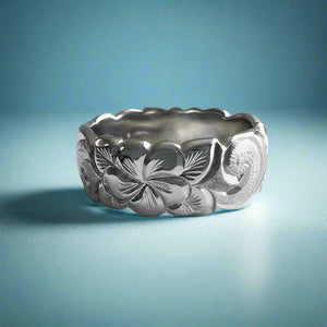Scalloped Old English & Plumeria with Leaves 8mm Ring in 14K White Gold in size 8 3/8