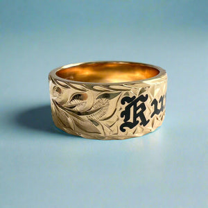Maile & Hibiscus 10mm "Kuuipo" Hawaiian Flat Ring in 14K Yellow Gold in size 11 1/4