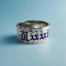 Load image into Gallery viewer, Old English &amp; Hibiscus 10mm &quot;Kuuipo&quot; Hawaiian Flat Ring in 14K White Gold in size 9 1/4

