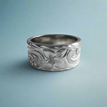 Load image into Gallery viewer, Old English &amp; Hibiscus 10mm &quot;Kuuipo&quot; Hawaiian Flat Ring in 14K White Gold in size 9 1/4
