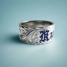 Load image into Gallery viewer, Old English &amp; Hibiscus 10mm &quot;Kuuipo&quot; Hawaiian Flat Ring in 14K White Gold in size 9 1/4
