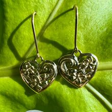Load image into Gallery viewer, Hawaiian Heart Flowers w/ Scroll Dangling Earrings in 14K Yellow, White or Pink Gold

