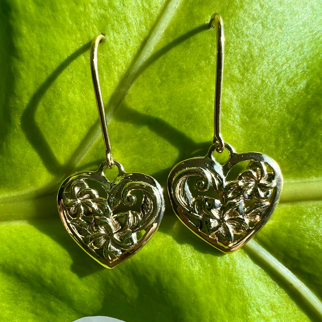 Hawaiian Heart Flowers w/ Scroll Dangling Earrings in 14K Yellow, White or Pink Gold