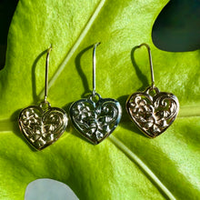 Load image into Gallery viewer, Hawaiian Heart Flowers w/ Scroll Dangling Earrings in 14K Yellow, White or Pink Gold
