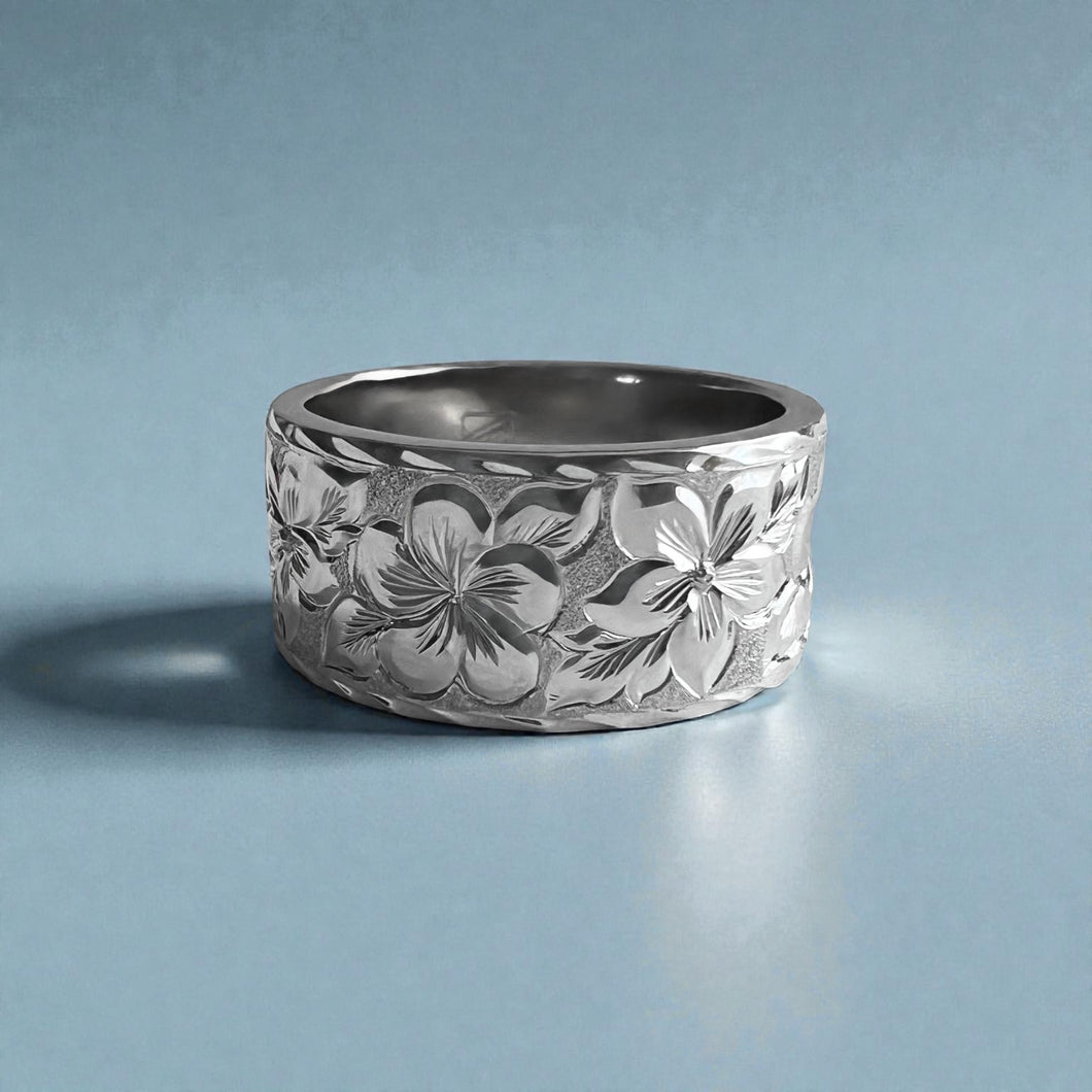 Plumeria & Hibiscus with Leaves 10mm Flat Ring in 14K White Gold in size 9