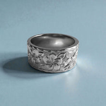 Load image into Gallery viewer, Plumeria &amp; Hibiscus with Leaves 10mm Flat Ring in 14K White Gold in size 9
