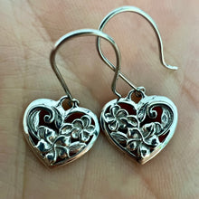 Load image into Gallery viewer, Hawaiian Heart Flowers w/ Scroll Dangling Earrings in 14K Yellow, White or Pink Gold
