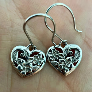 Hawaiian Heart Flowers w/ Scroll Dangling Earrings in 14K Yellow, White or Pink Gold
