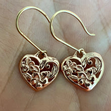 Load image into Gallery viewer, Hawaiian Heart Flowers w/ Scroll Dangling Earrings in 14K Yellow, White or Pink Gold
