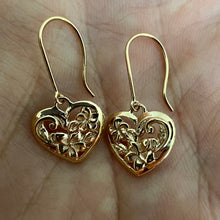 Load image into Gallery viewer, Hawaiian Heart Flowers w/ Scroll Dangling Earrings in 14K Yellow, White or Pink Gold
