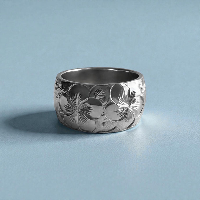 Plumeria with Leaves All Around 10mm Ring in 14K White Gold in size 6 1/4
