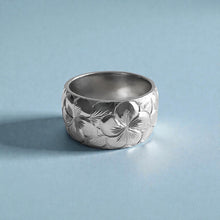 Load image into Gallery viewer, Plumeria with Leaves All Around 10mm Ring in 14K White Gold in size 6 1/4
