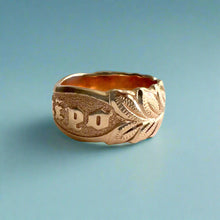 Load image into Gallery viewer, Scalloped Maile &amp; Hibiscus 10mm Raised &quot;Kuuipo&quot; Ring in 14K Pink Gold in size 7 1/2
