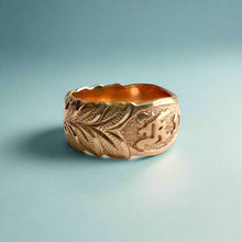 Load image into Gallery viewer, Scalloped Maile &amp; Hibiscus 10mm Raised &quot;Kuuipo&quot; Ring in 14K Pink Gold in size 7 1/2

