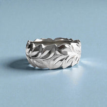 Load image into Gallery viewer, Scalloped Shiny Maile &amp; Hibiscus with Leaves &amp; Diamond 10mm Ring in 14K White Gold in 12 1/8
