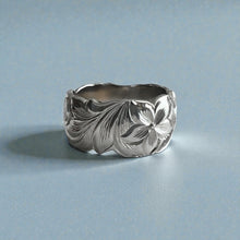 Load image into Gallery viewer, Scalloped Old English &amp; Hibiscus 10mm Ring in 14K White Gold in size 8
