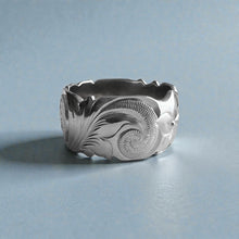 Load image into Gallery viewer, Scalloped Old English &amp; Hibiscus 12mm Ring in 14K White Gold in size 11 1/2
