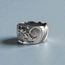 Load image into Gallery viewer, Scalloped Old English &amp; Hibiscus 12mm Ring in 14K White Gold in size 11 1/2
