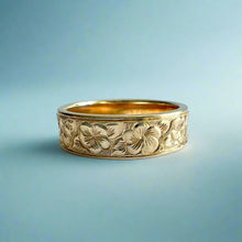 Load image into Gallery viewer, Concave Plumeria with Leaves All Around 6mm Ring in 14K Yellow Gold in size 8 1/4

