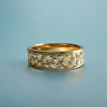Load image into Gallery viewer, Concave Plumeria with Leaves All Around 6mm Ring in 14K Yellow Gold in size 8 1/4
