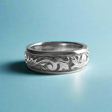 Load image into Gallery viewer, Raised Old English and Plumeria with Leaves 6mm Ring in 14K White Gold in size 5 1/2
