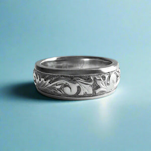 Raised Old English and Plumeria with Leaves 6mm Ring in 14K White Gold in size 5 1/2