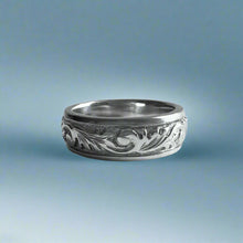 Load image into Gallery viewer, Raised Old English and Plumeria with Leaves 6mm Ring in 14K White Gold in size 5 1/2
