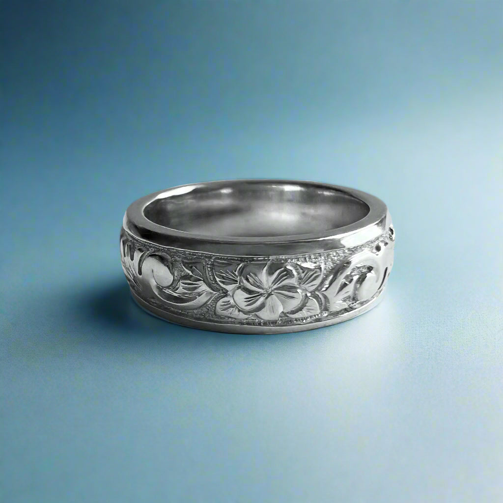 Raised Old English and Plumeria with Leaves 6mm Ring in 14K White Gold in size 5 1/2