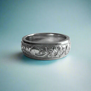 Raised Old English and Plumeria with Leaves 6mm Ring in 14K White Gold in size 5 1/2