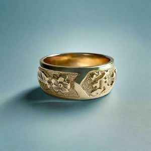 Raised Long Leaf Maile and Hibiscus 8mm "Kuuipo" Ring in 14K Yellow Gold in size 7 1/2