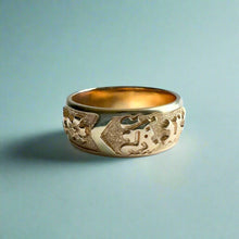 Load image into Gallery viewer, Raised Long Leaf Maile and Hibiscus 8mm &quot;Kuuipo&quot; Ring in 14K Yellow Gold in size 8 1/8
