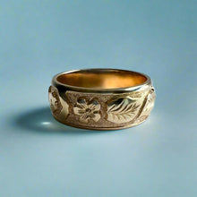 Load image into Gallery viewer, Raised Long Leaf Maile and Hibiscus 8mm &quot;Kuuipo&quot; Ring in 14K Yellow Gold in size 8 1/8
