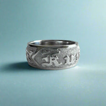 Load image into Gallery viewer, Raised Plumeria w/ Leaves and Old English 8mm &quot;Kuuipo&quot; Ring in 14K White Gold in size 7
