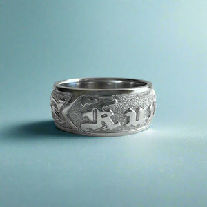 Raised Plumeria w/ Leaves and Old English 8mm "Kuuipo" Ring in 14K White Gold in size 7