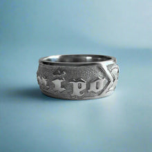 Load image into Gallery viewer, Raised Plumeria w/ Leaves and Old English 8mm &quot;Kuuipo&quot; Ring in 14K White Gold in size 7
